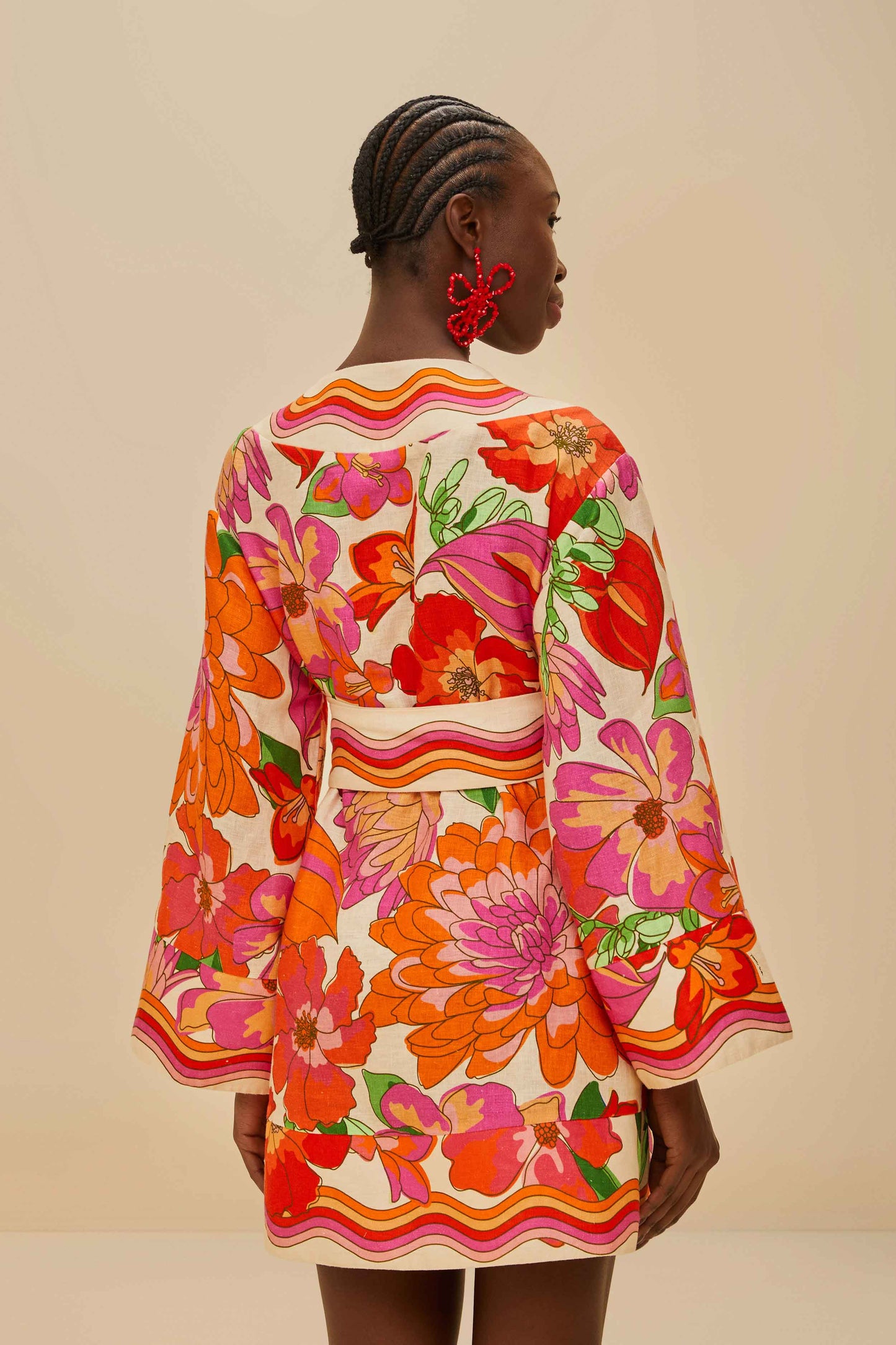 FARM Rio model wearing the Spring Affair Beige Mini Dress