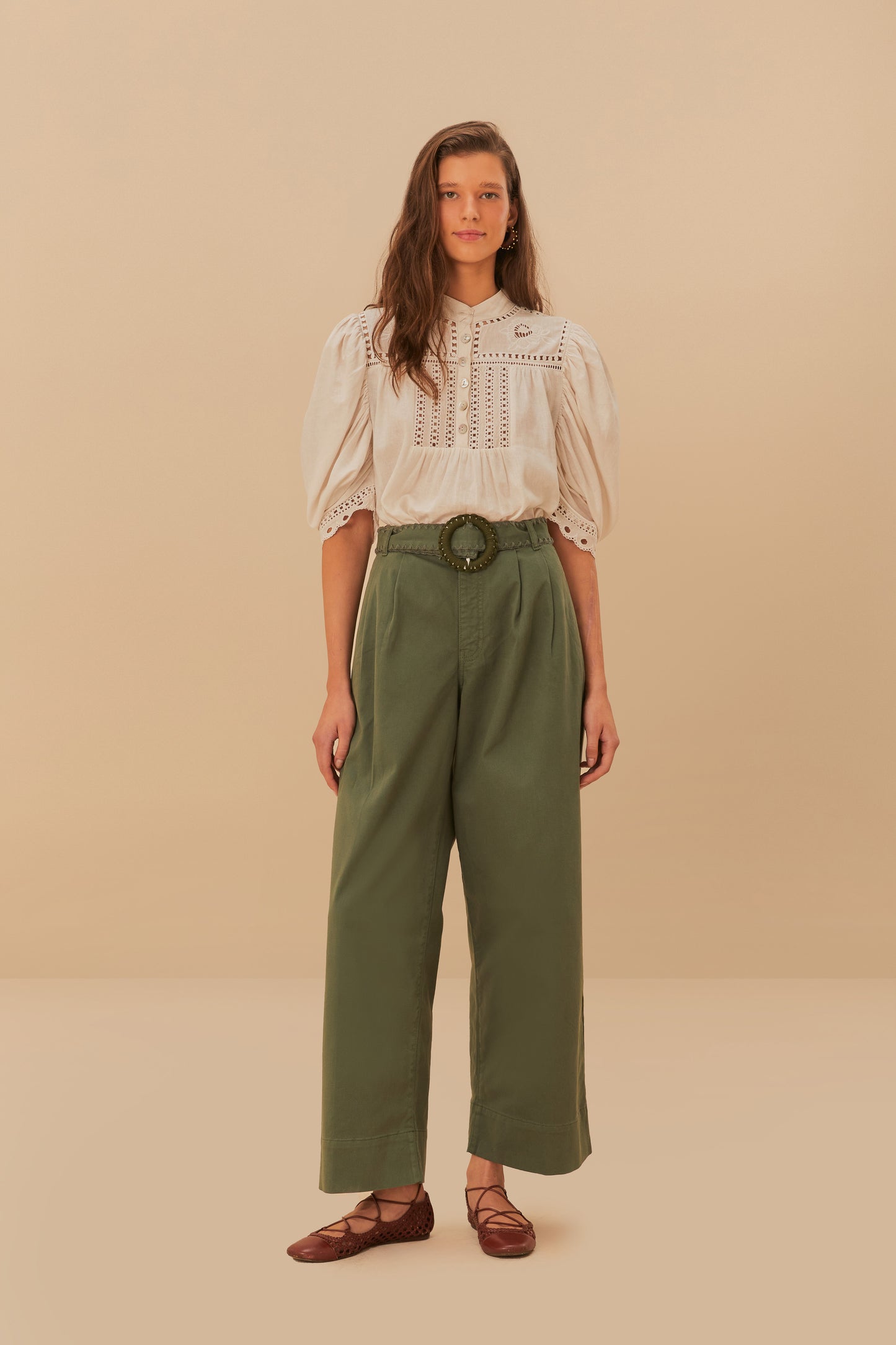 FARM Rio model wearing the Green Twill Pleated Wide Pants