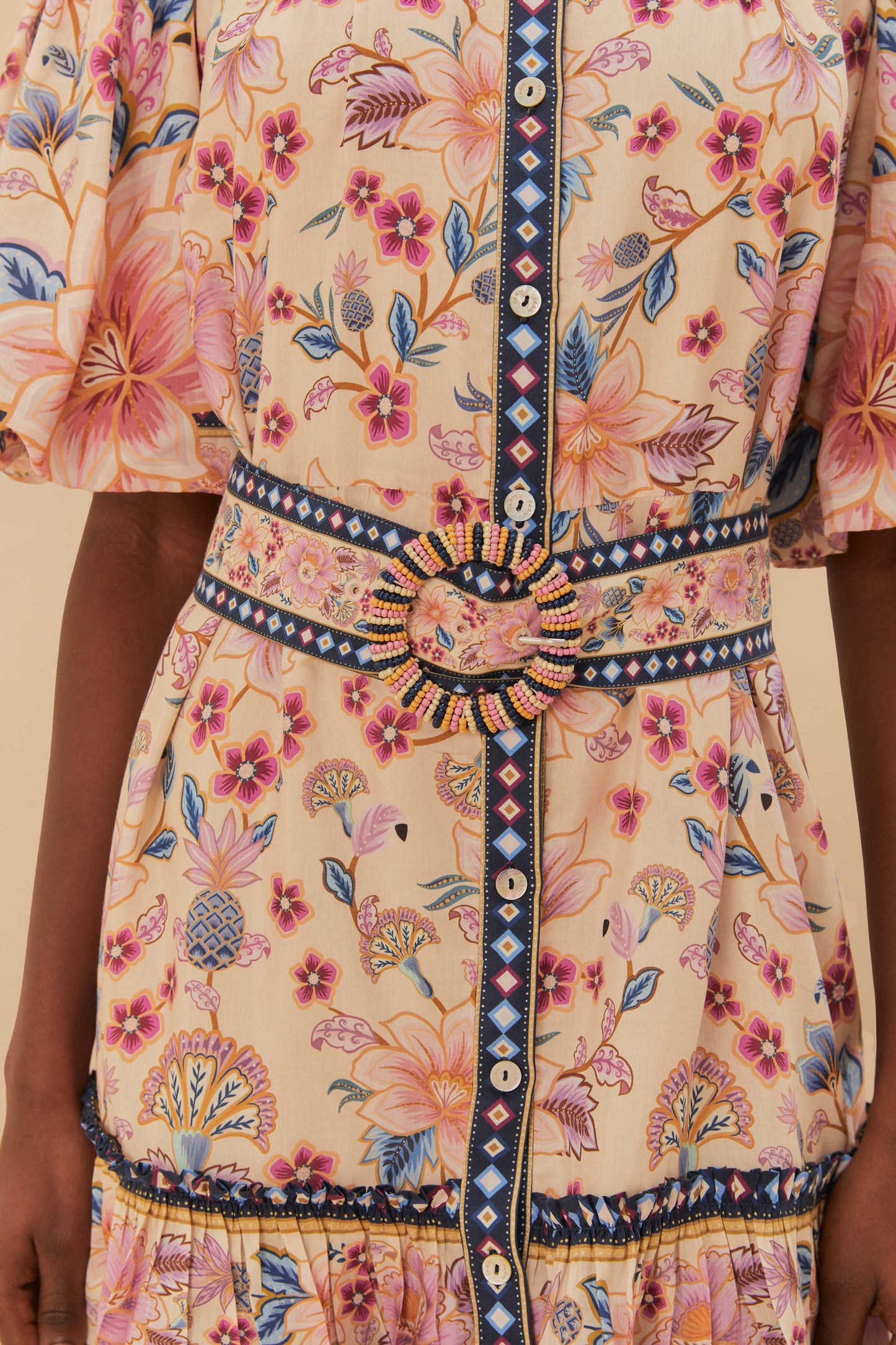 FARM Rio model wearing the Cream Superbloom Tapestry Puff Sleeve Mini Dress