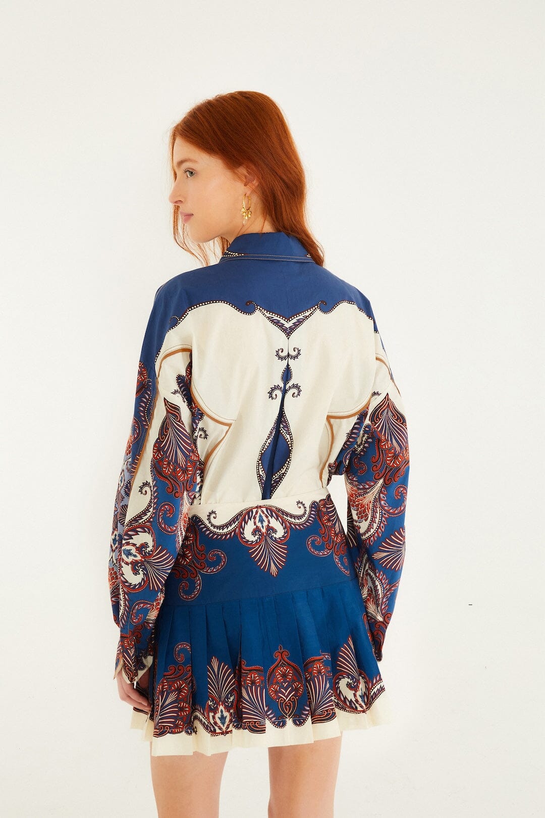 Blue Arabesque Scarf Buckled Pleated Organic Cotton Mini Skirt