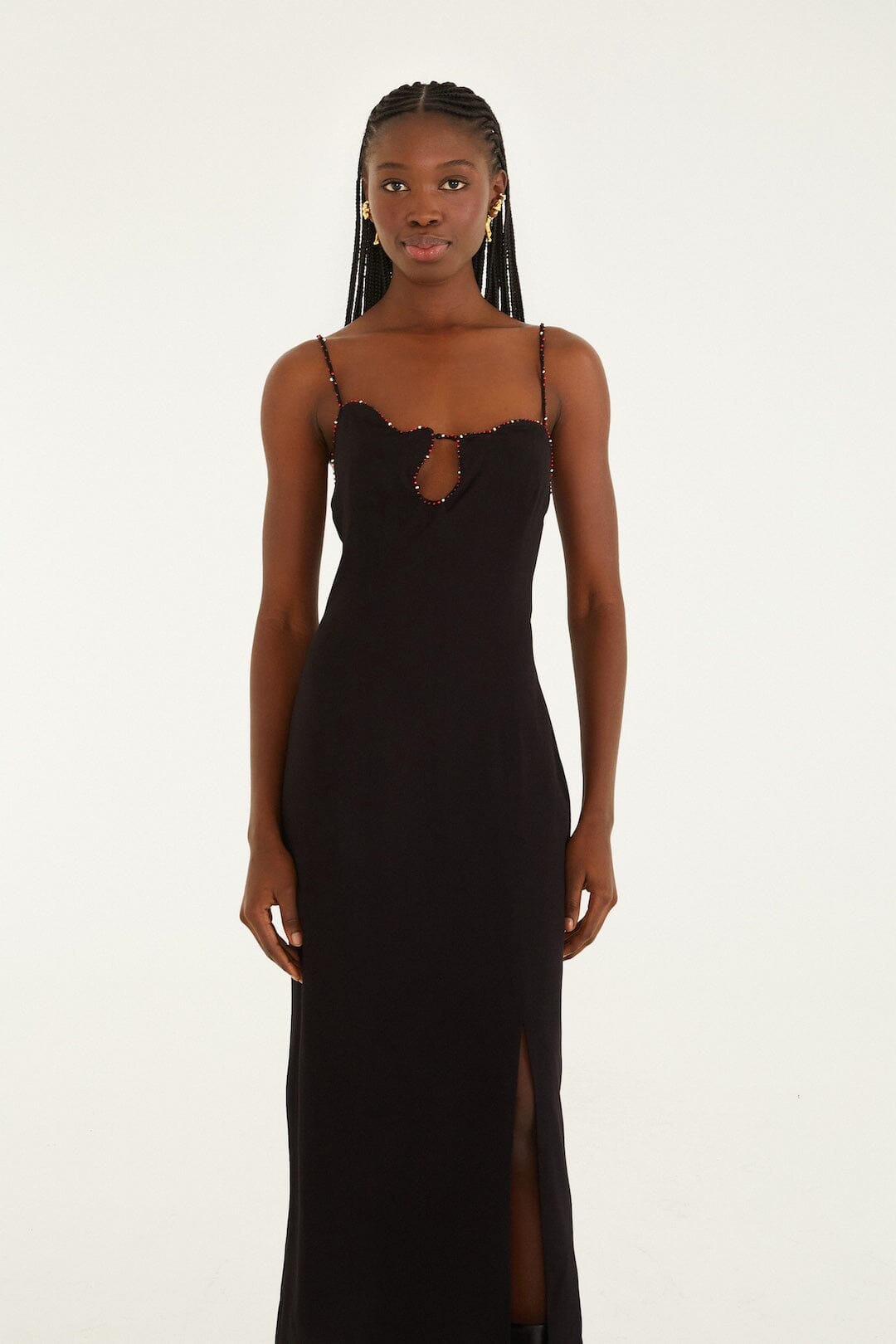 Black Beaded Neckline Sleeveless Midi Dress