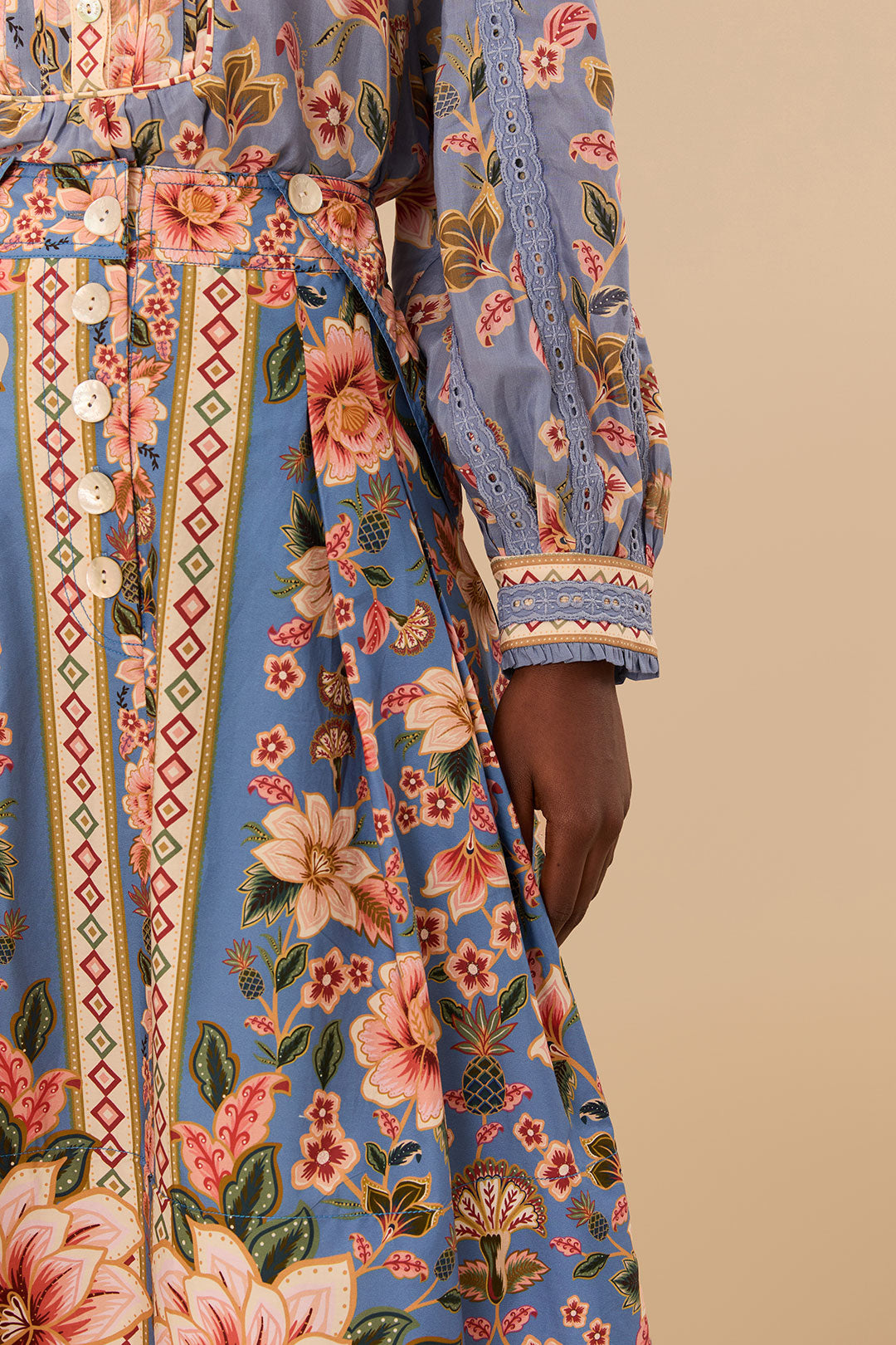 FARM Rio model wearing the Blue Superbloom Tapestry Buttoned Maxi Skirt
