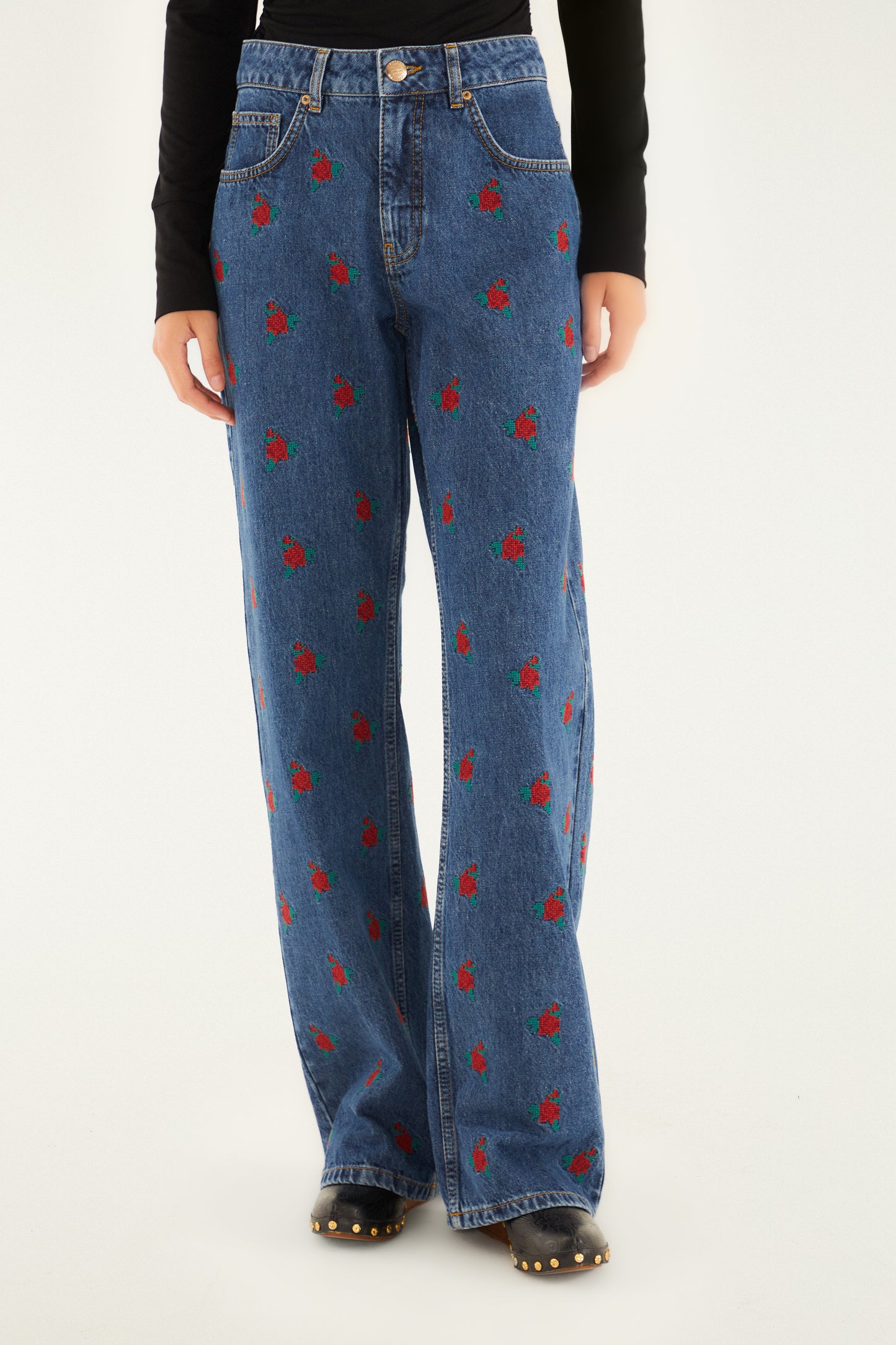 Pants Flower Embroidered Denim