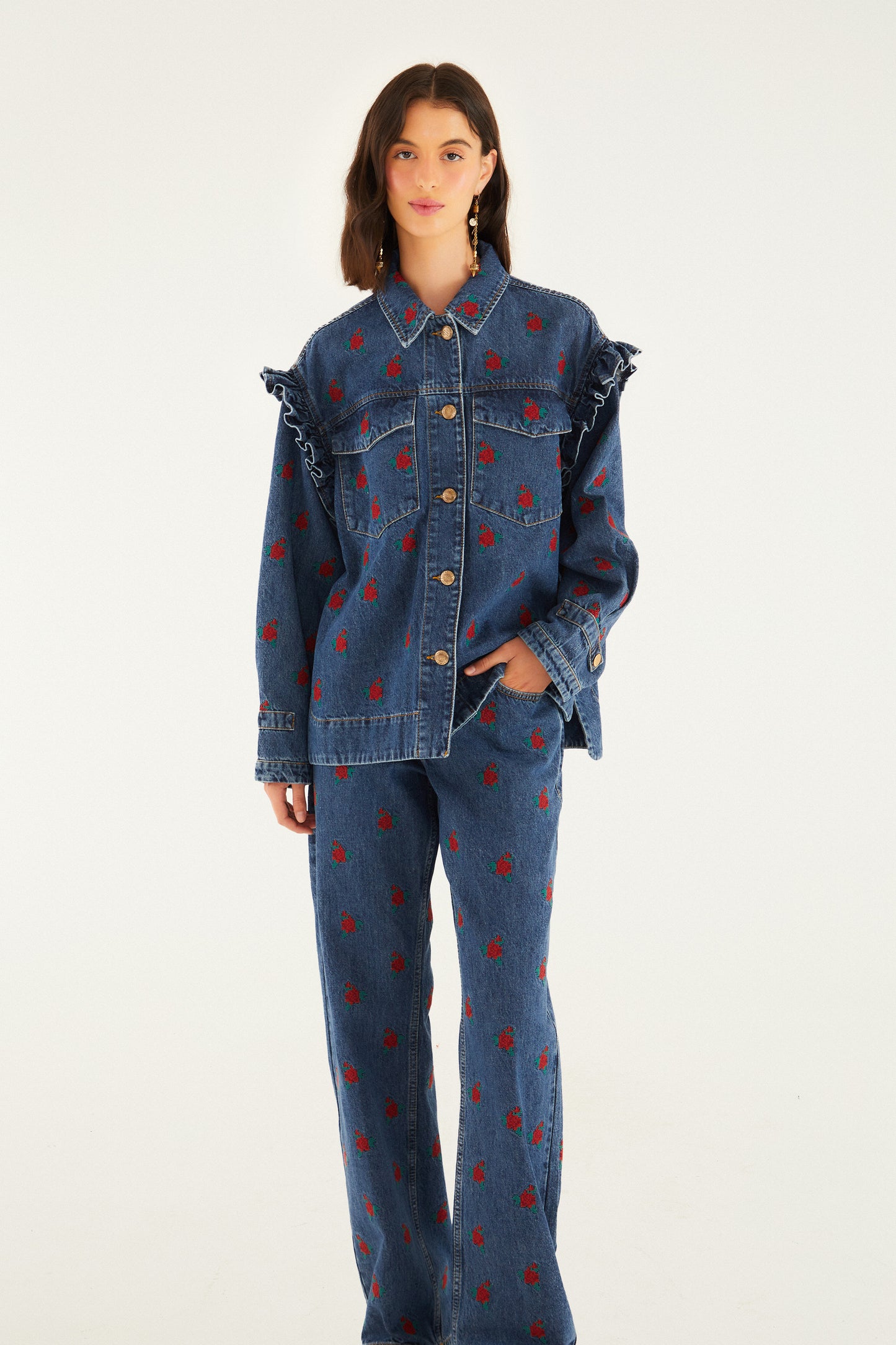 Pants Flower Embroidered Denim