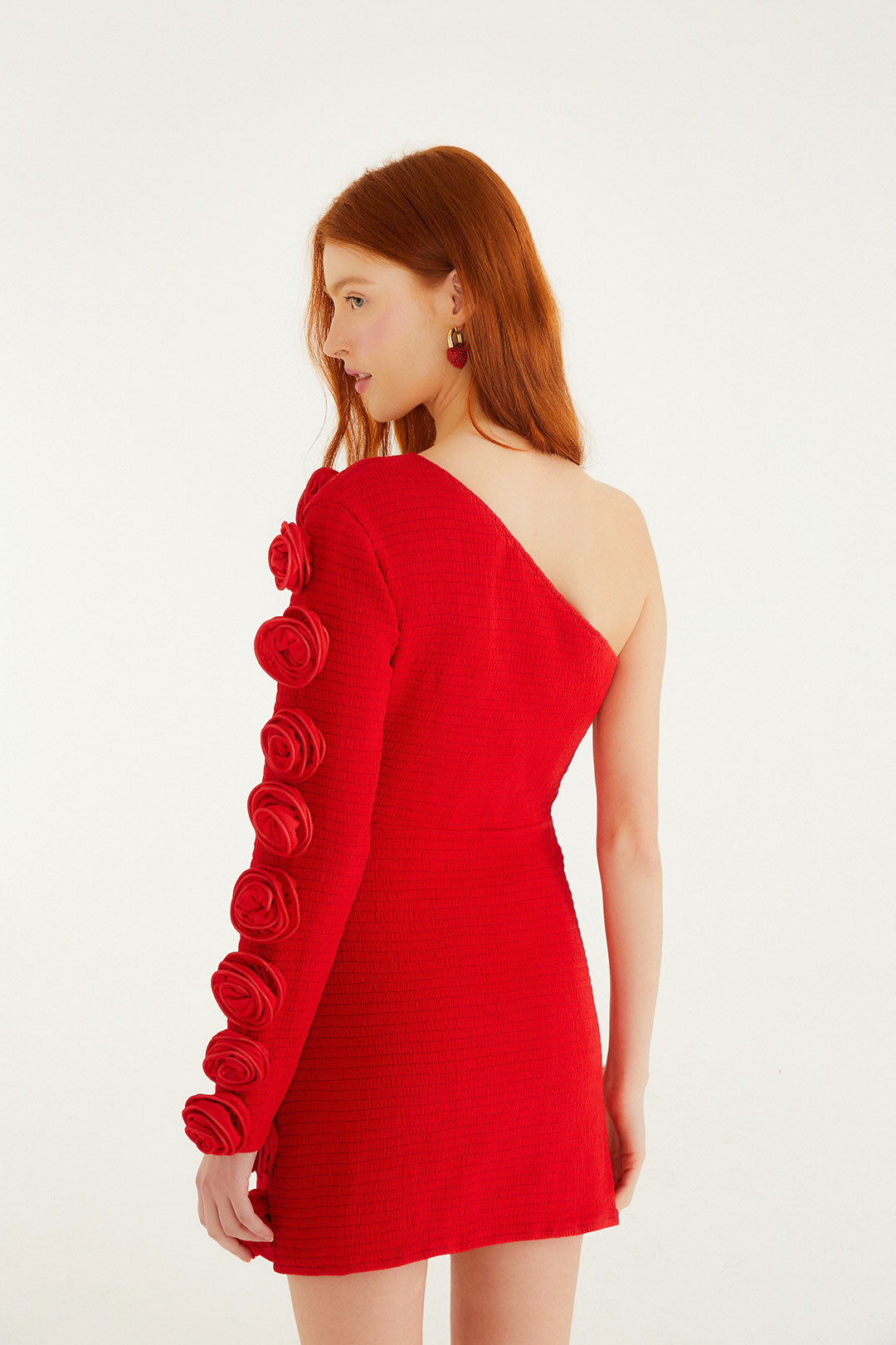 Red 3d Roses One-Shoulder Slim Mini Dress