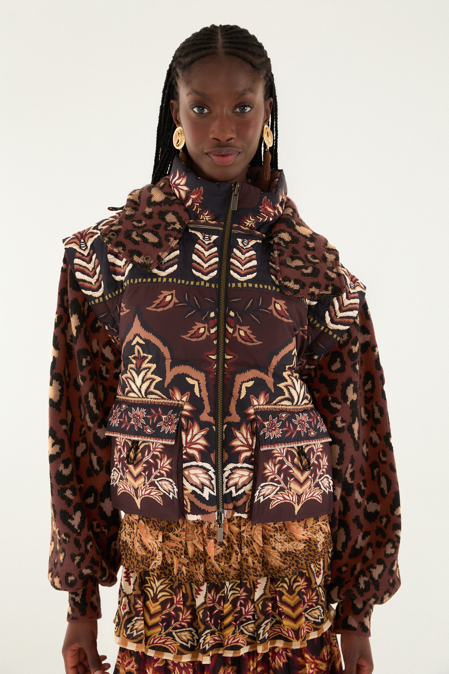 FARM Rio model wearing the Brown Winter Ainika Puffer Jacket