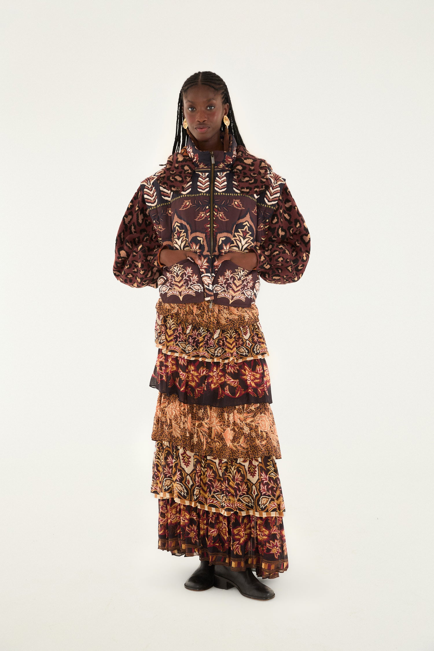 FARM Rio model wearing the Brown Winter Ainika Puffer Jacket