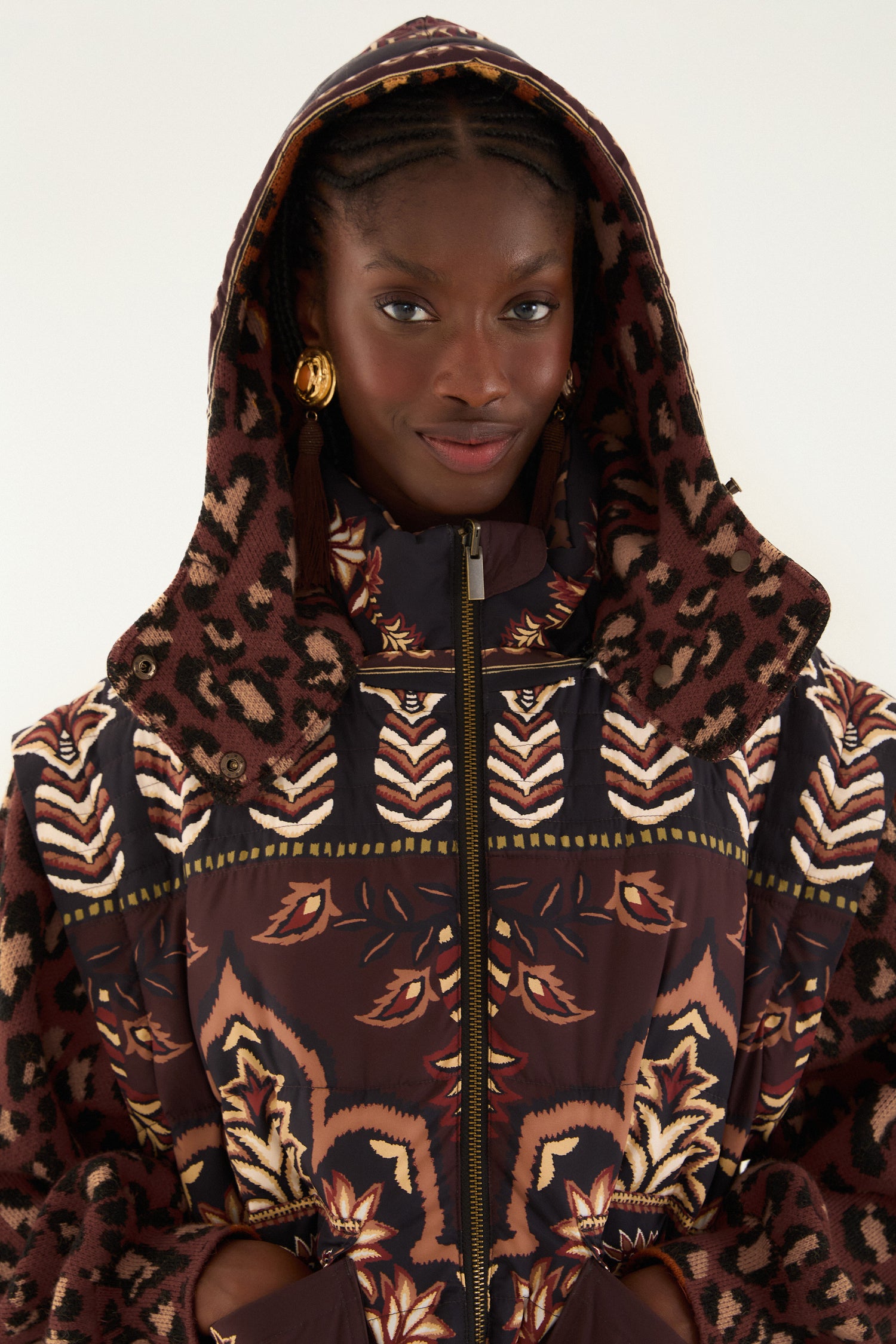 FARM Rio model wearing the Brown Winter Ainika Puffer Jacket