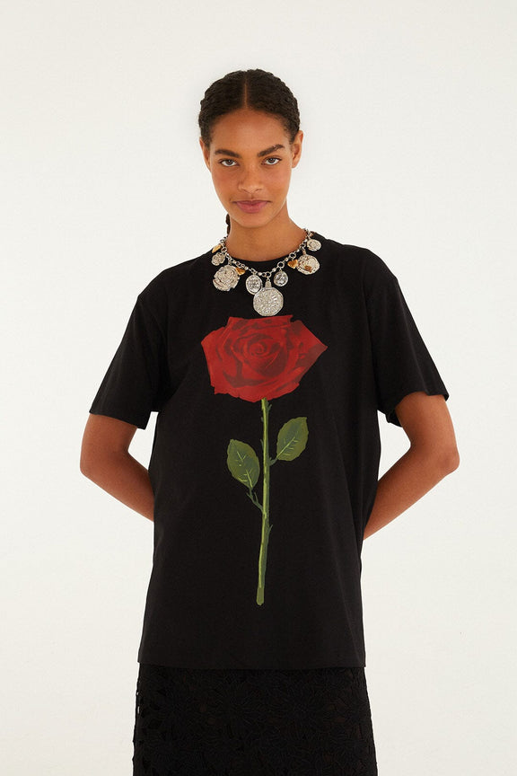 FARM Rio model wearing the Black Rose Organic Cotton Relaxed T-Shirt