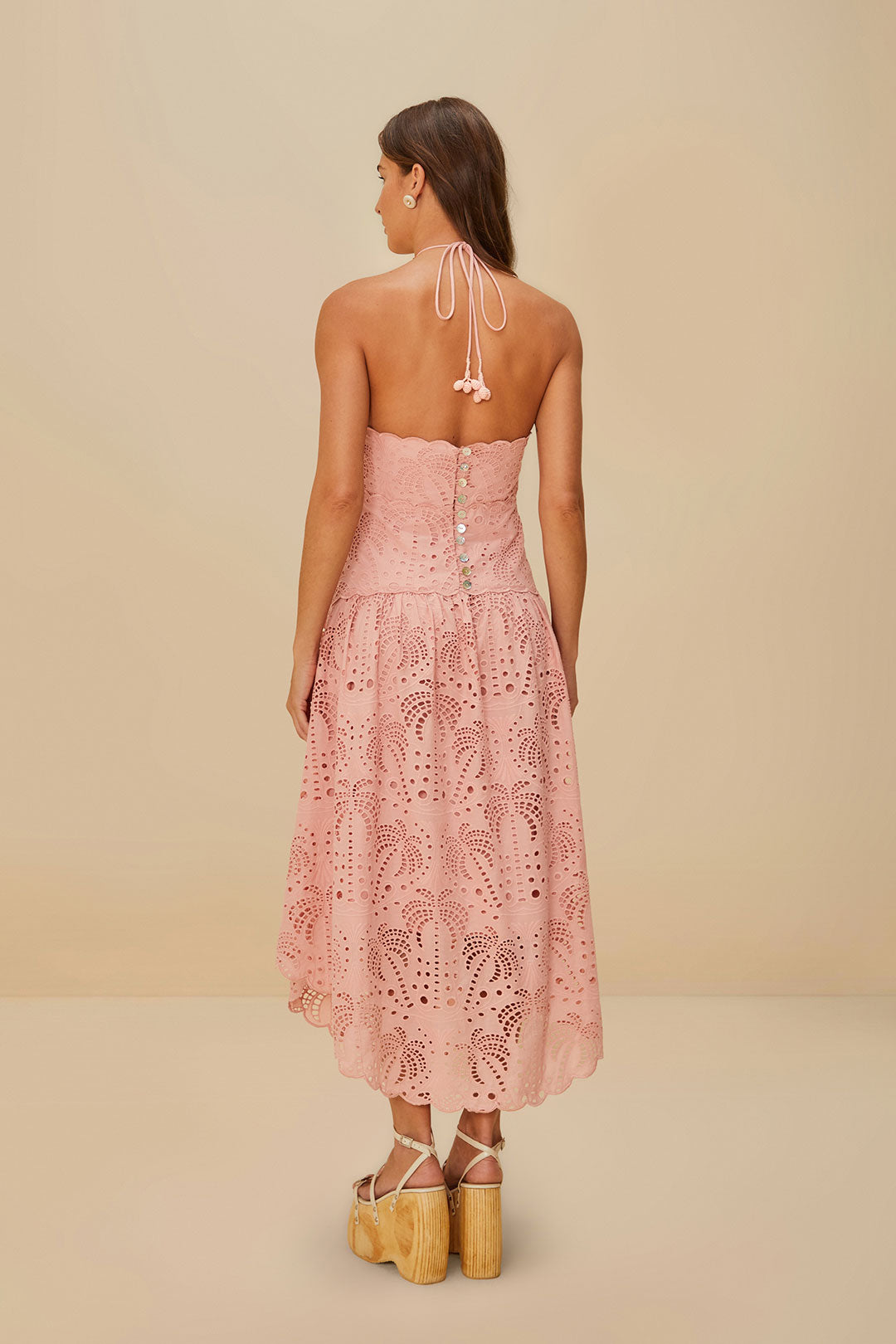Palm Tree Eyelet Blush Pink Midi Dress Sleeveless