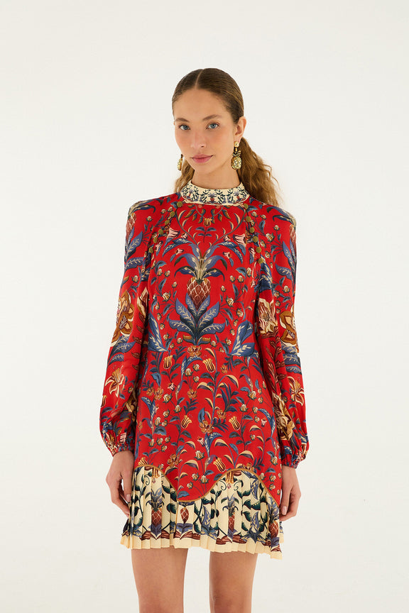 FARM Rio model wearing the Red Winter Breeze Lenzing™ Ecovero™ Viscose Mini Dress