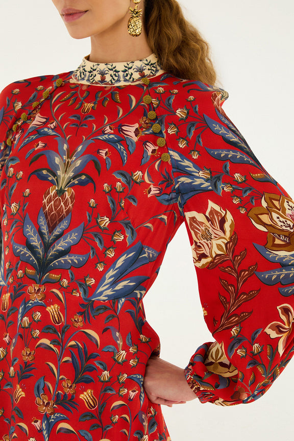 FARM Rio model wearing the Red Winter Breeze Lenzing™ Ecovero™ Viscose Mini Dress