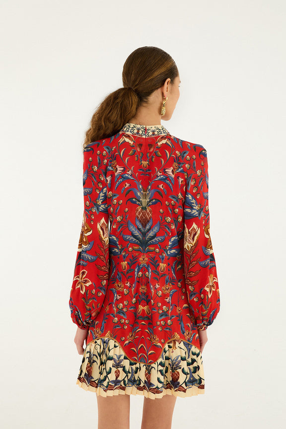 FARM Rio model wearing the Red Winter Breeze Lenzing™ Ecovero™ Viscose Mini Dress