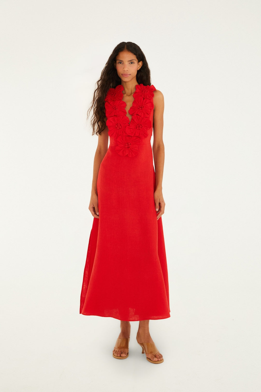 Red 3d Flower Euroflax Premium Linen Maxi Dress