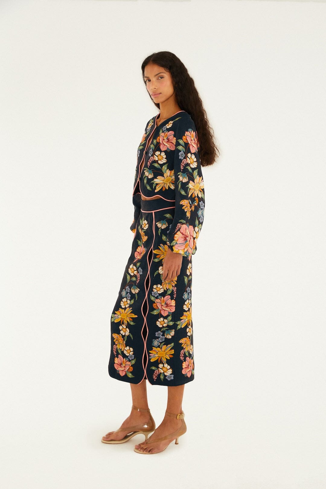 Dark Blue Maira Floral Euroflax™ Premium Linen Midi Skirt