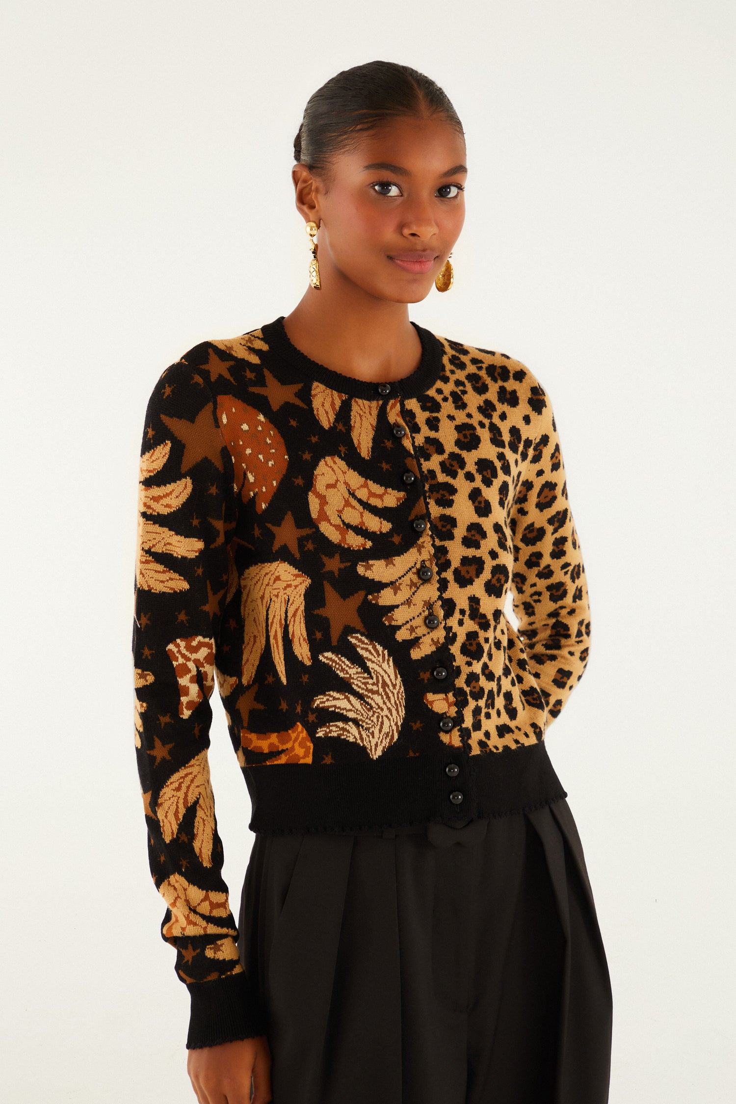 FARM Rio model wearing the mixed banana leopard buttoned cardigan