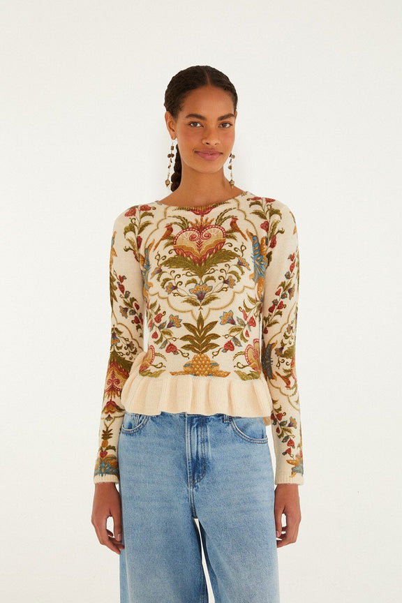 FARM Rio model wearing the Cream Majestic Hearts Knit Top