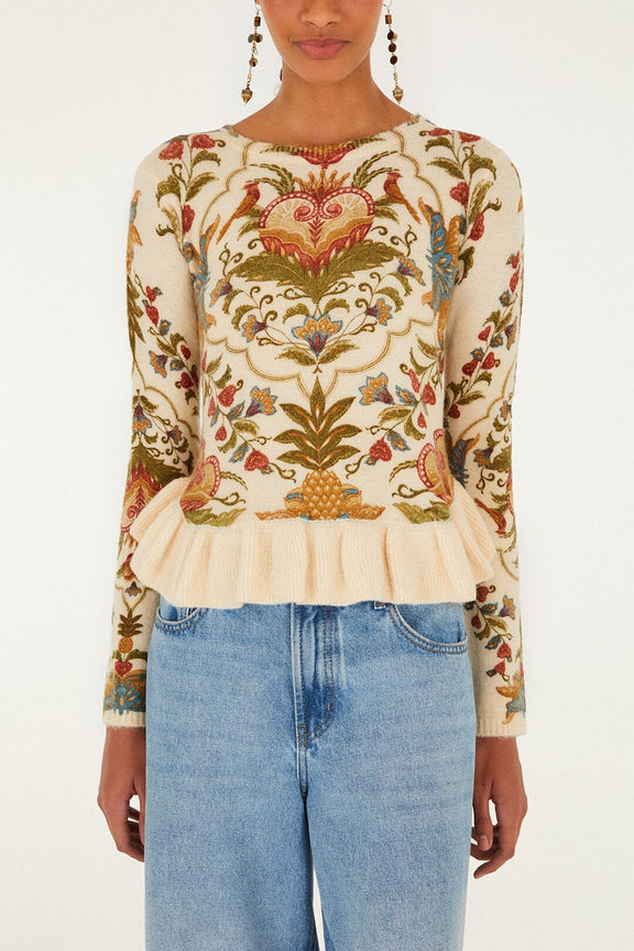 FARM Rio model wearing the Cream Majestic Hearts Knit Top