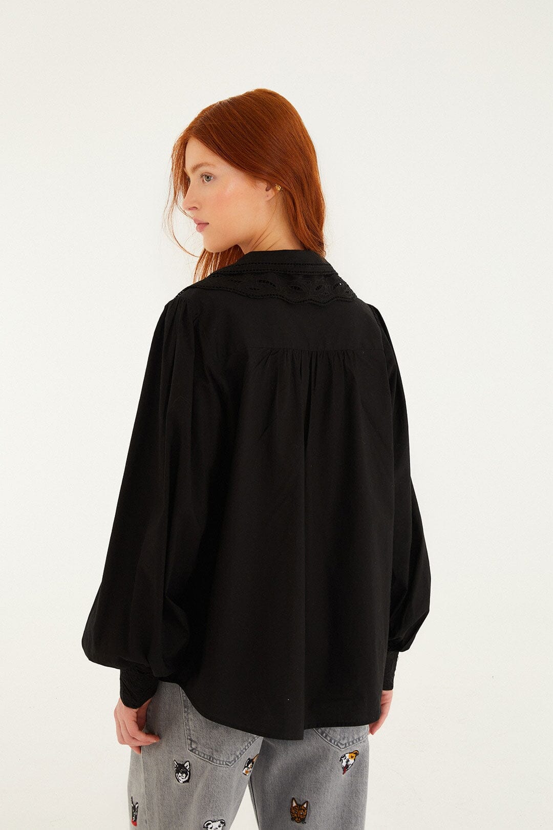 Black Embroidered Buttoned Puff Sleeve Shirt