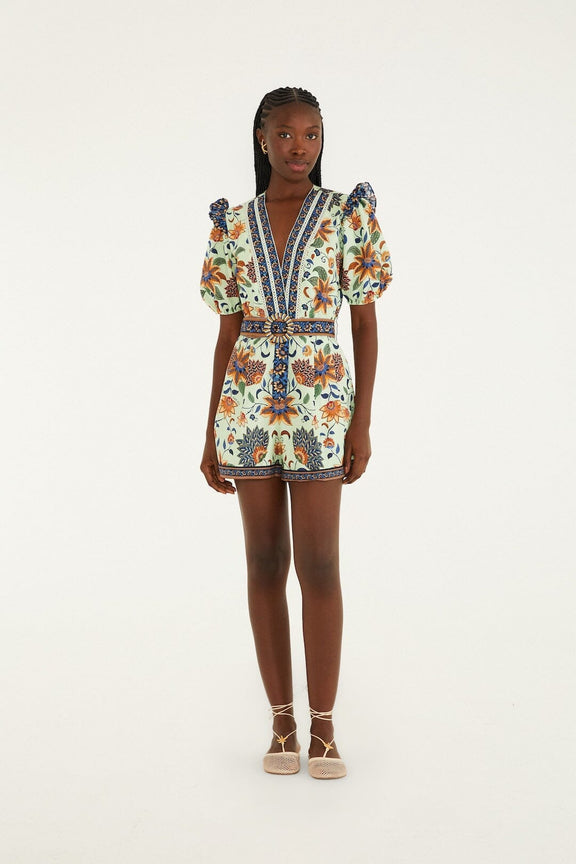 Light Green Floral Delhi Tapestry Belted Organic Cotton Romper