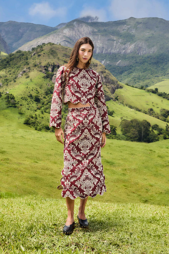 FARM Rio model wearing the Bicolor Jacquard Waves Midi Skirt