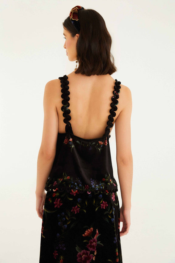 FARM Rio model wearing the Black Belle Garden Scallop Sleeveless Top