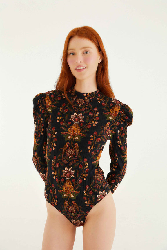 FARM Rio model wearing the Black Berry Garden Organic Cotton Bodysuit