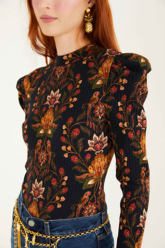 FARM Rio model wearing the Black Berry Garden Organic Cotton Bodysuit