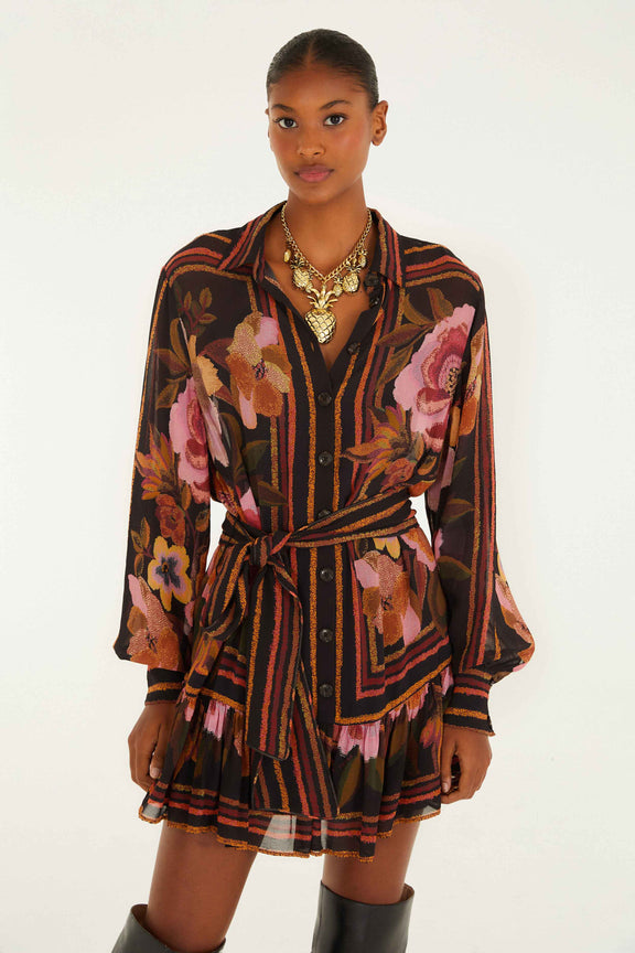 FARM Rio model wearing the Black Chenille Flowers Belted Long Sleeve Mini Dress