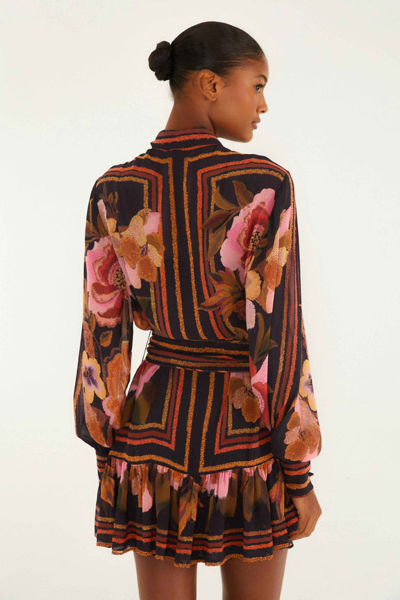 FARM Rio model wearing the Black Chenille Flowers Belted Long Sleeve Mini Dress