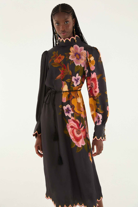 Black Chenille Flowers Lenzing™ Ecovero™ Viscose Midi Dress