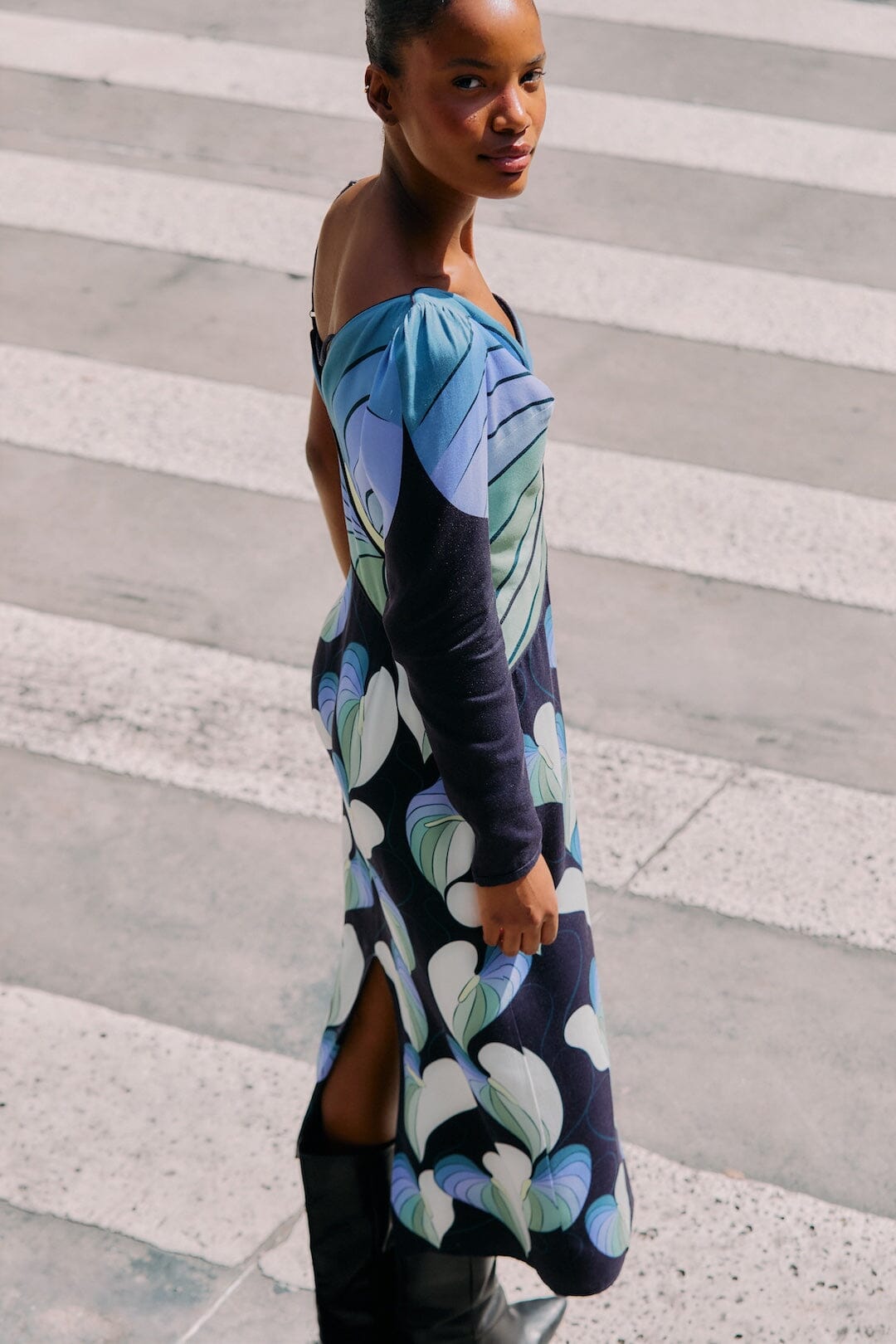 Black Lovely Anthurium One-Shoulder Maxi Dress