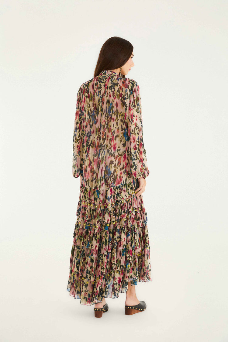 FARM Rio model wearing the Pink Blurred Tiny Flowers Long Sleeve Maxi Dress