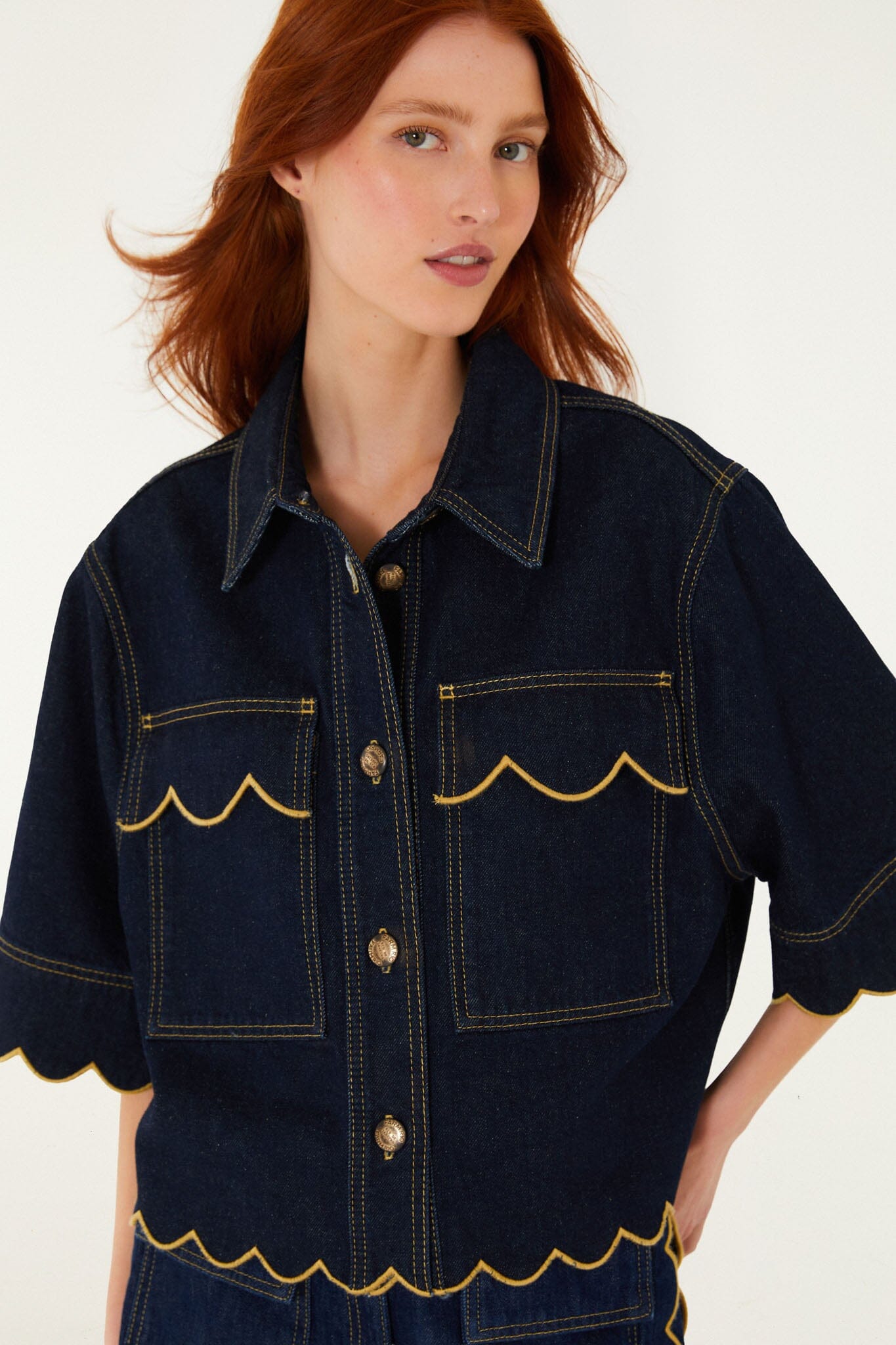 Dark Denim Wavy Hem Short Sleeve Shirt