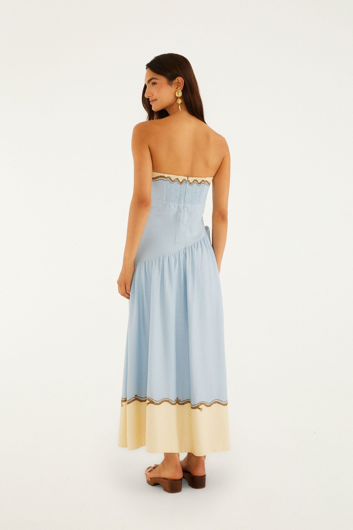 FARM Rio model wearing the Multicolor Rio Souvenir Strapless Side Ties Maxi Dress