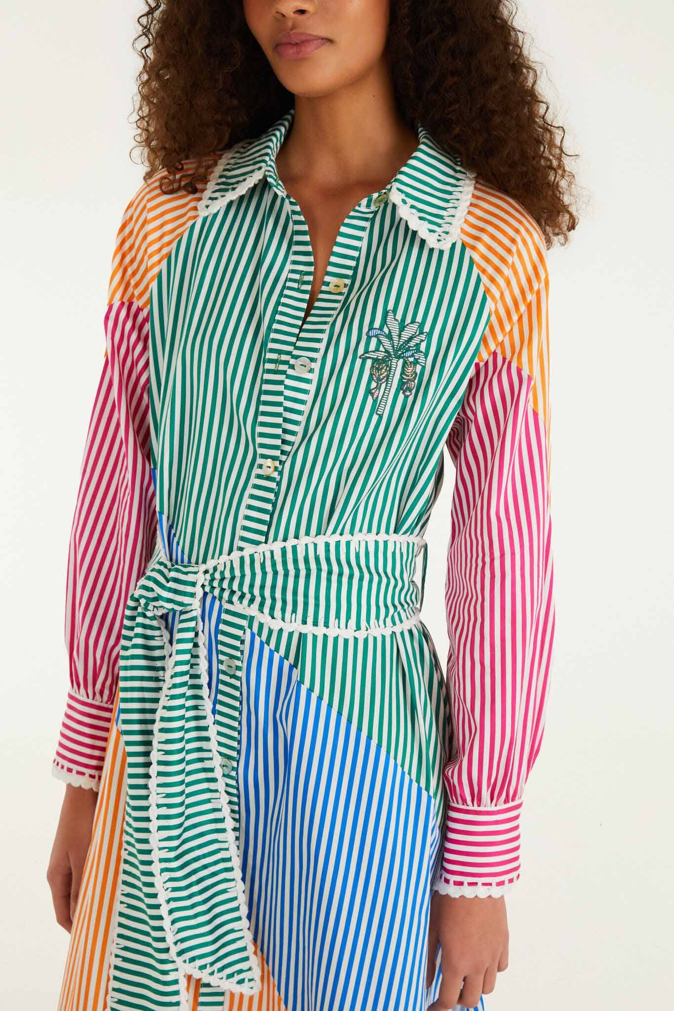 Multicolor Stripes Embroidered Belted Midi Dress