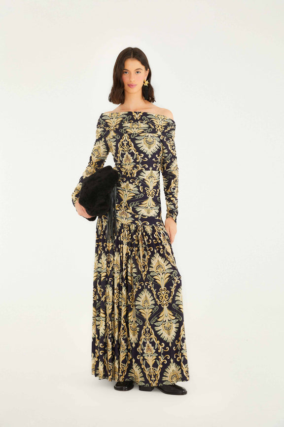 FARM Rio model wearing the Navy Blue Wonderful Arabesque Off-Shoulder Maxi Dress