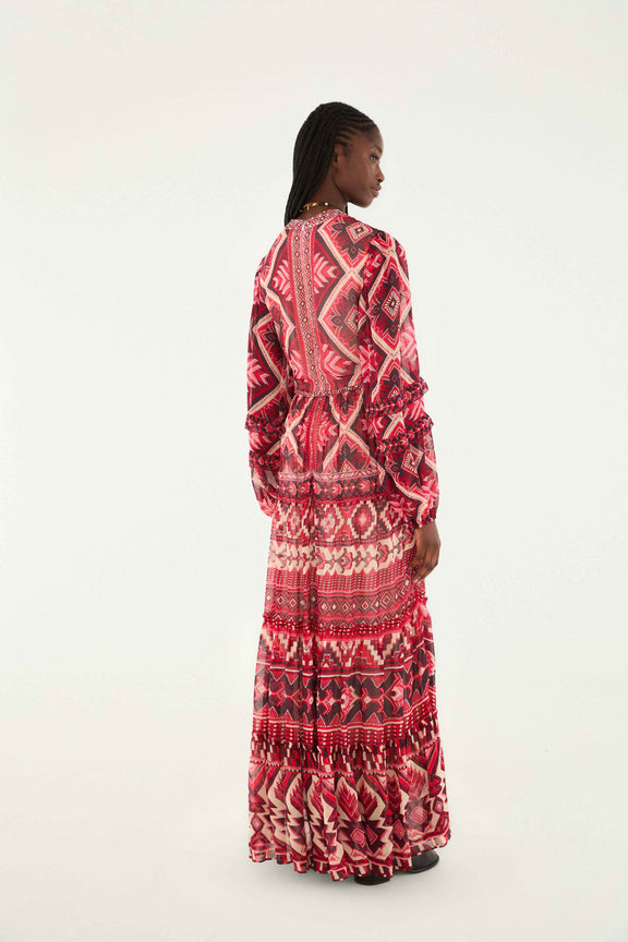 Red Graphic Ainika Belted Tiered Maxi Dress