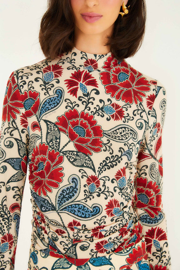 FARM Rio model wearing the Sand Francesca Jersey Blouse