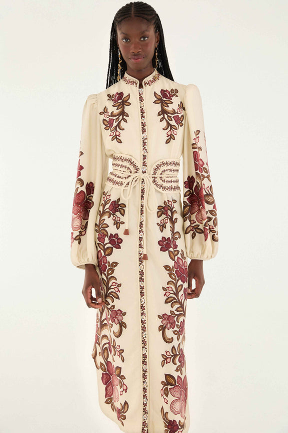 FARM Rio model wearing the Sand Renata Floral Long Sleeve Midi Dress