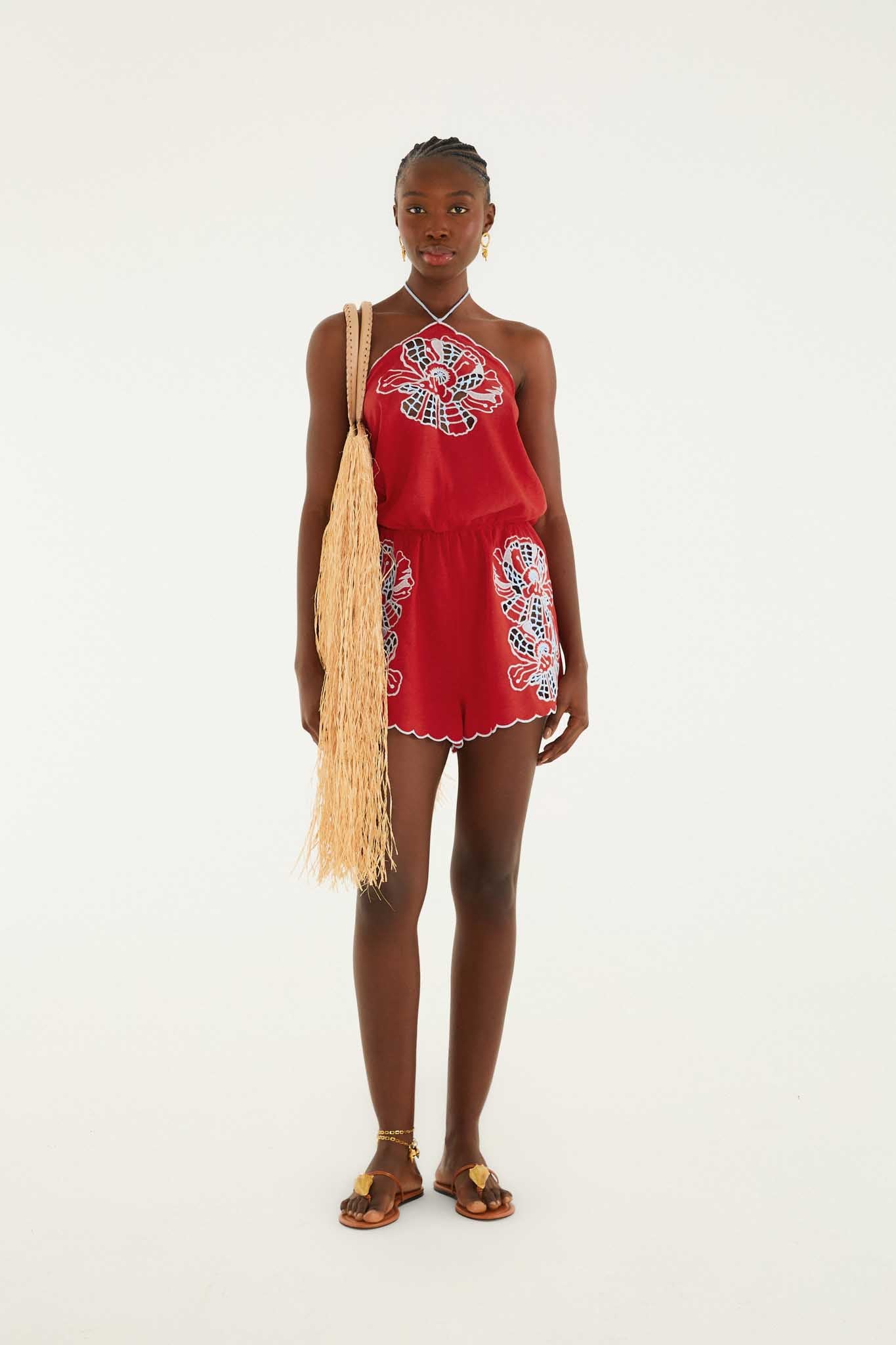 Red Embroidered Shorts