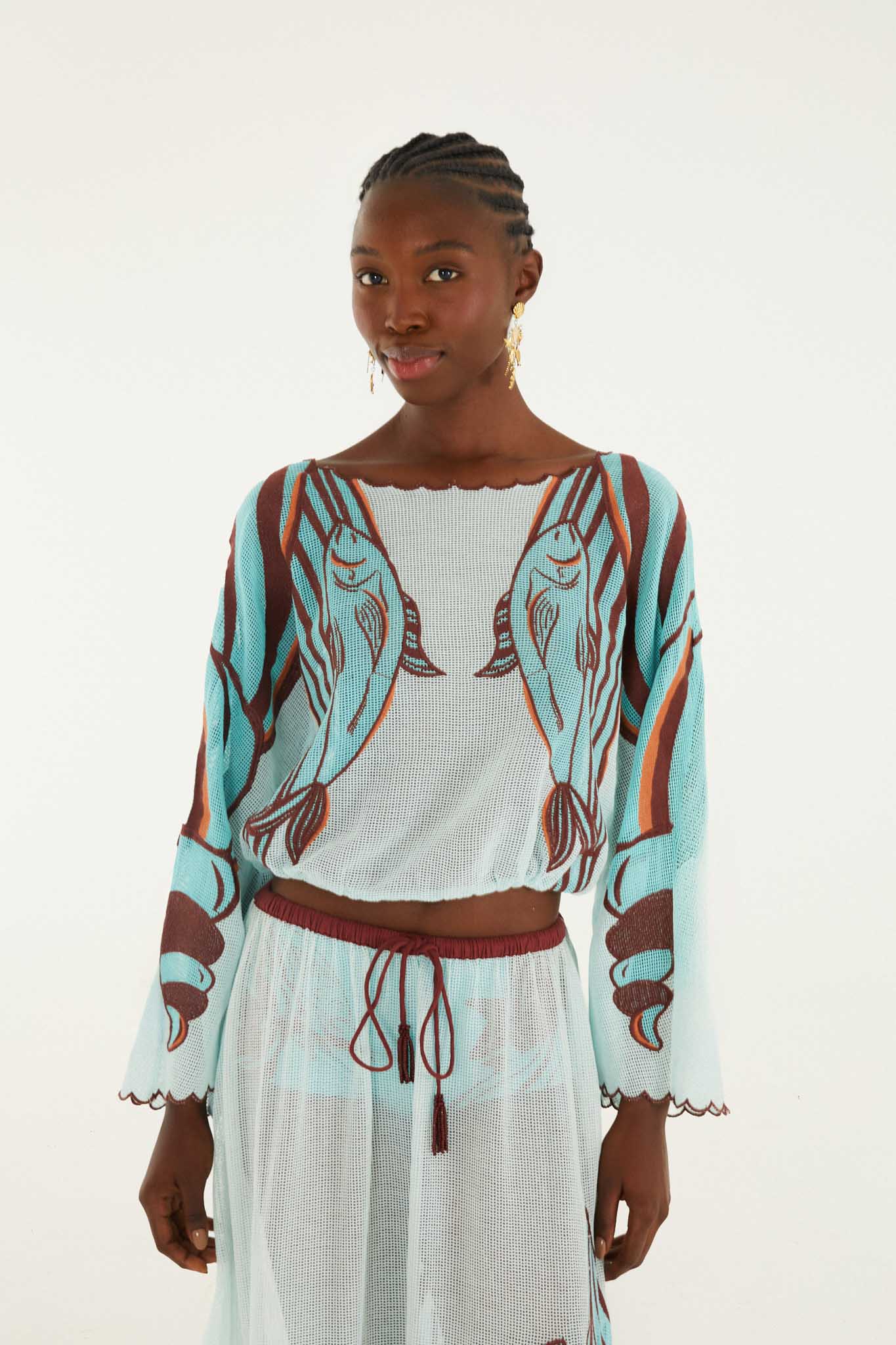 Fishnet Open Back Long Sleeves Blouse With Embroid