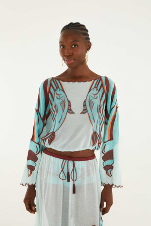 Fishnet Open Back Long Sleeves Blouse With Embroid