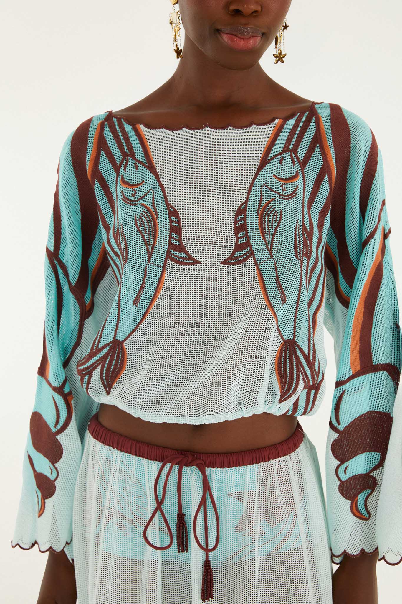 Fishnet Open Back Long Sleeves Blouse With Embroid