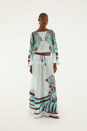 Fish-print Scalloped-edge Long Skirt