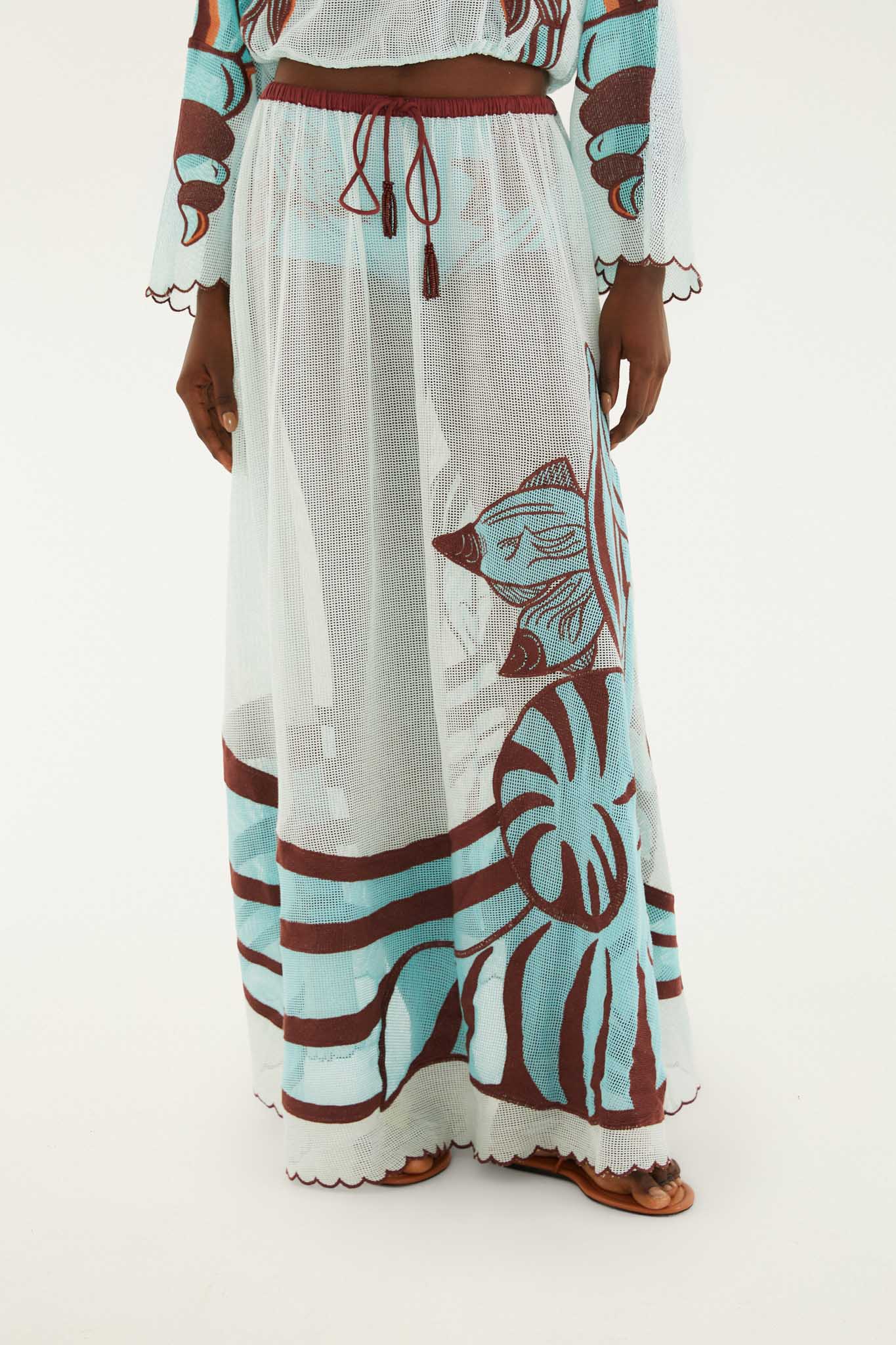 Fish-print Scalloped-edge Long Skirt