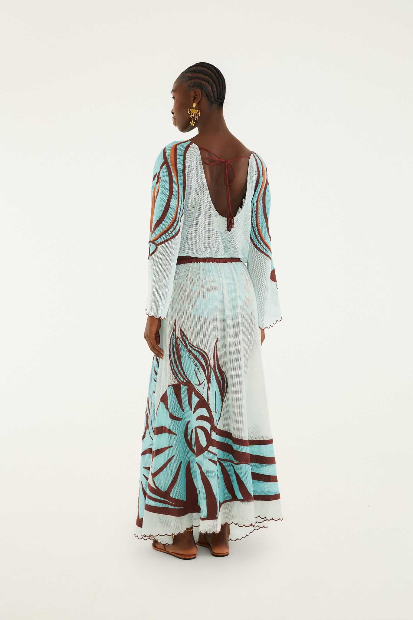 Fish-print Scalloped-edge Long Skirt