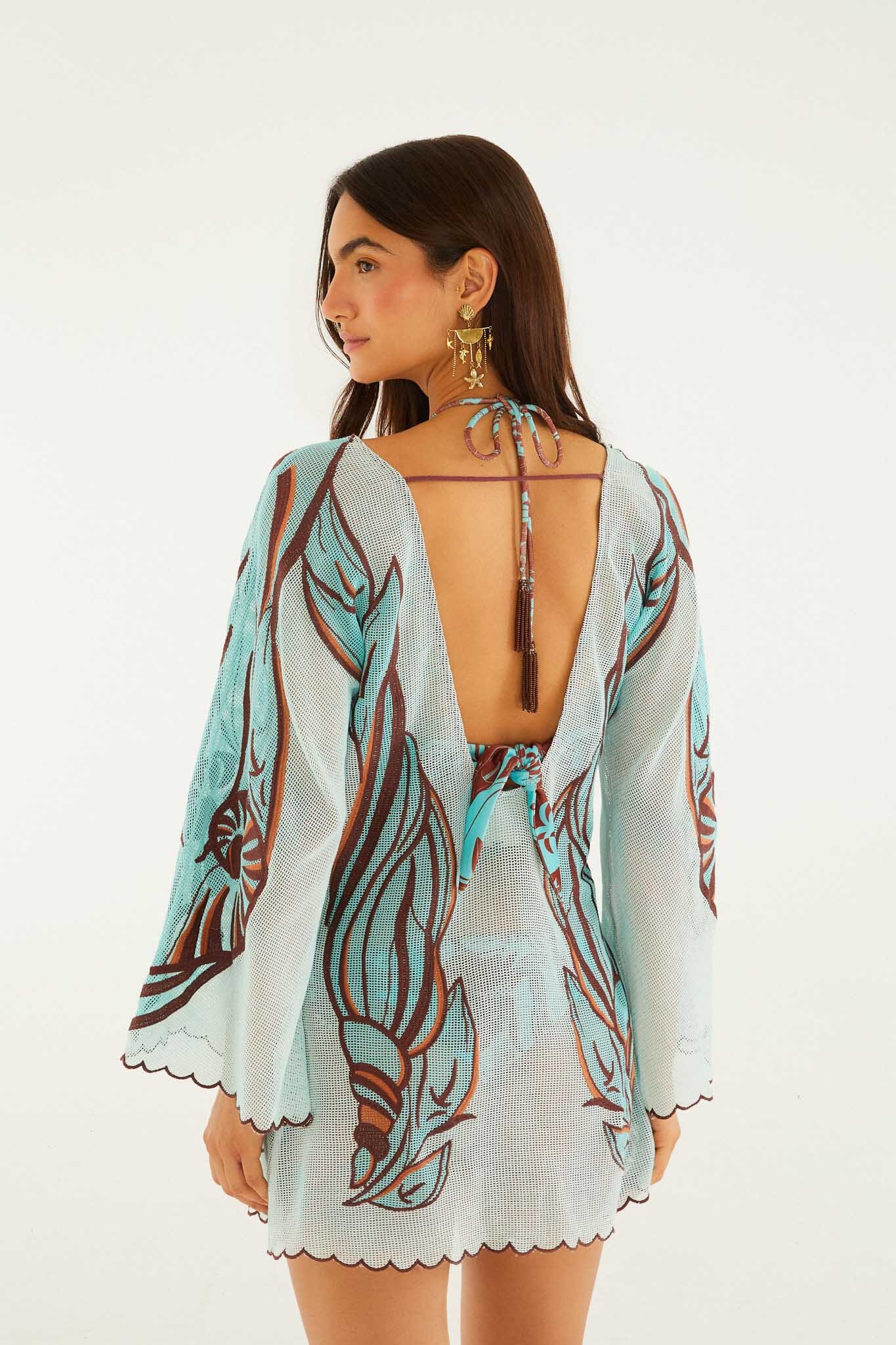 Blue Fish Net Embroidered Long Sleeve Mini Dress