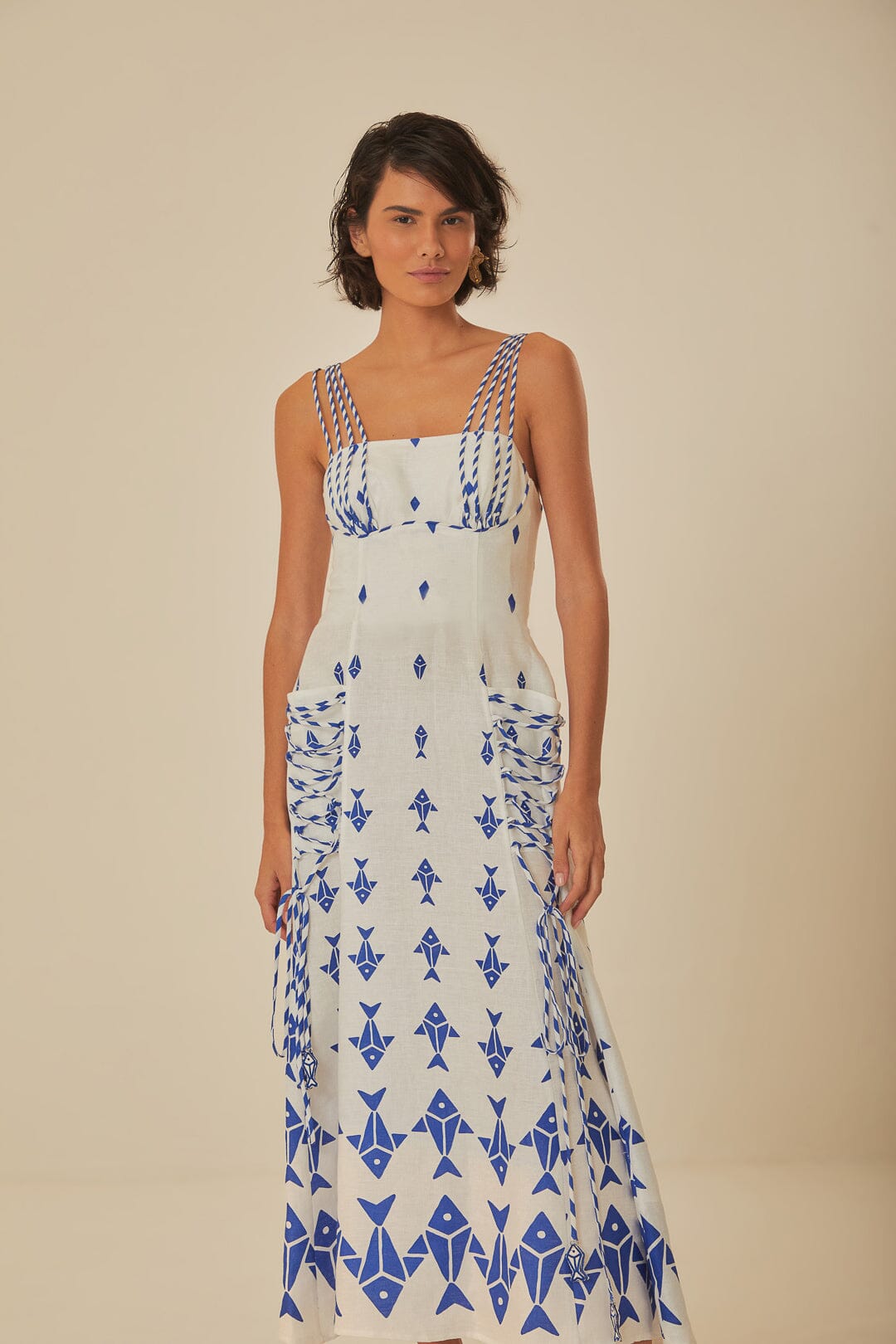 FARM Rio model wearing the Graphic Fishes Off-White Maxi Dress