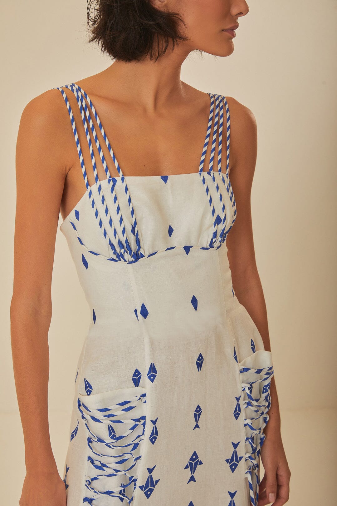 FARM Rio model wearing the Graphic Fishes Off-White Maxi Dress